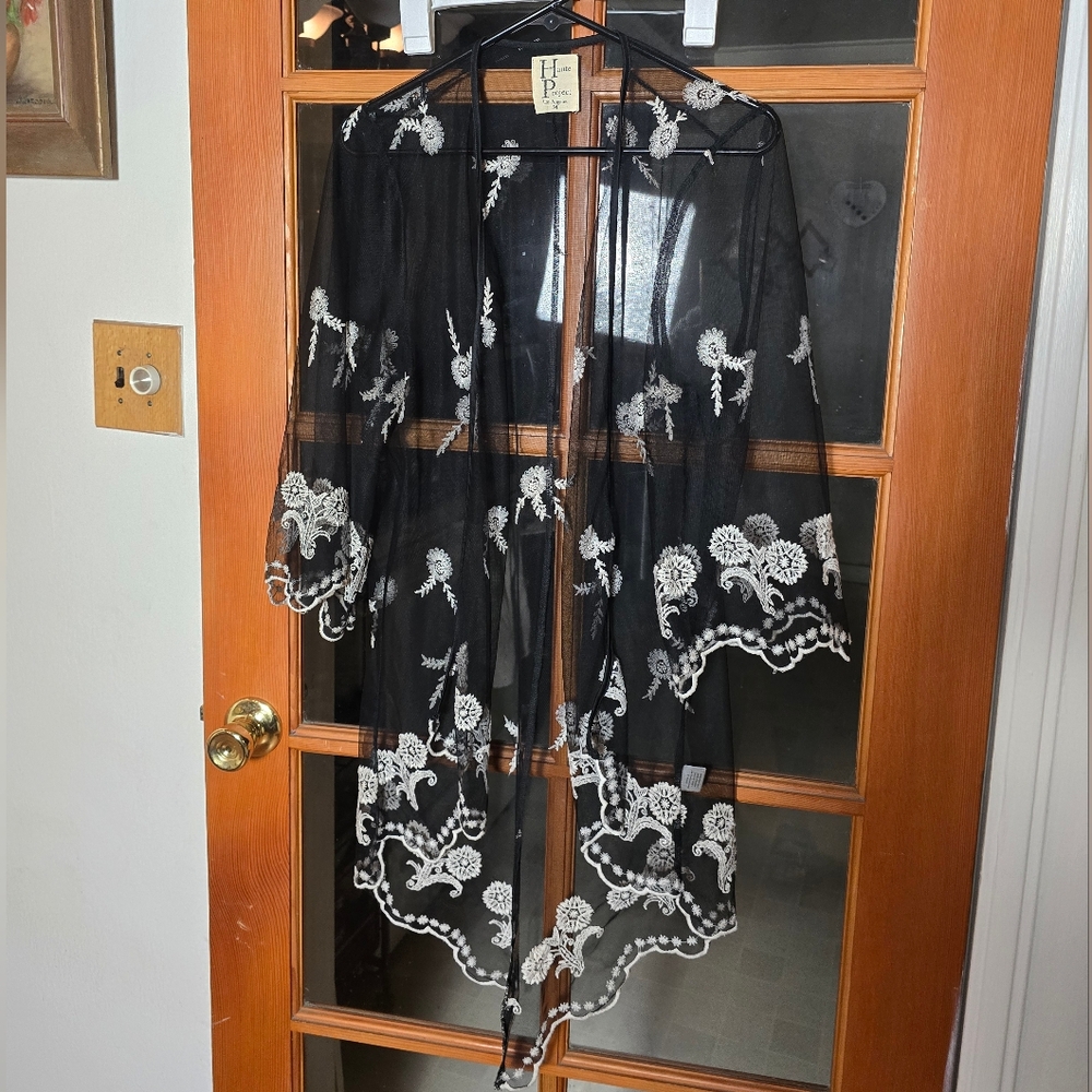 Haute Project Black Sheer Kimono with White Floral Embroidery Medium